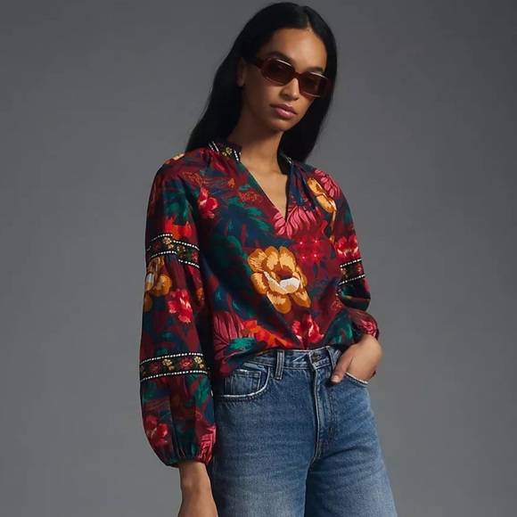 FARM Rio Tops - Farm Rio | Dark Floral V-Neck Poplin Blouse Size Large NWT